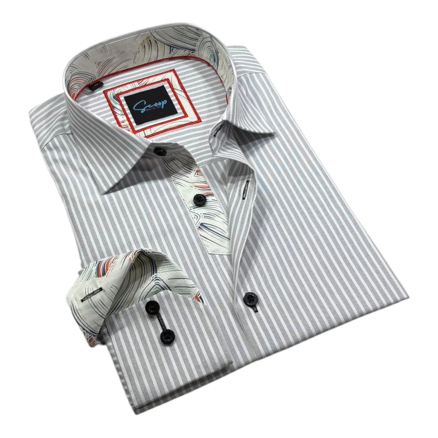 Folded gray and white striped dress shirt with cufflinks on a white background