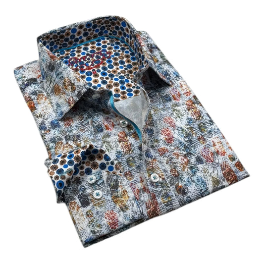 Folded patterned shirt on a white background