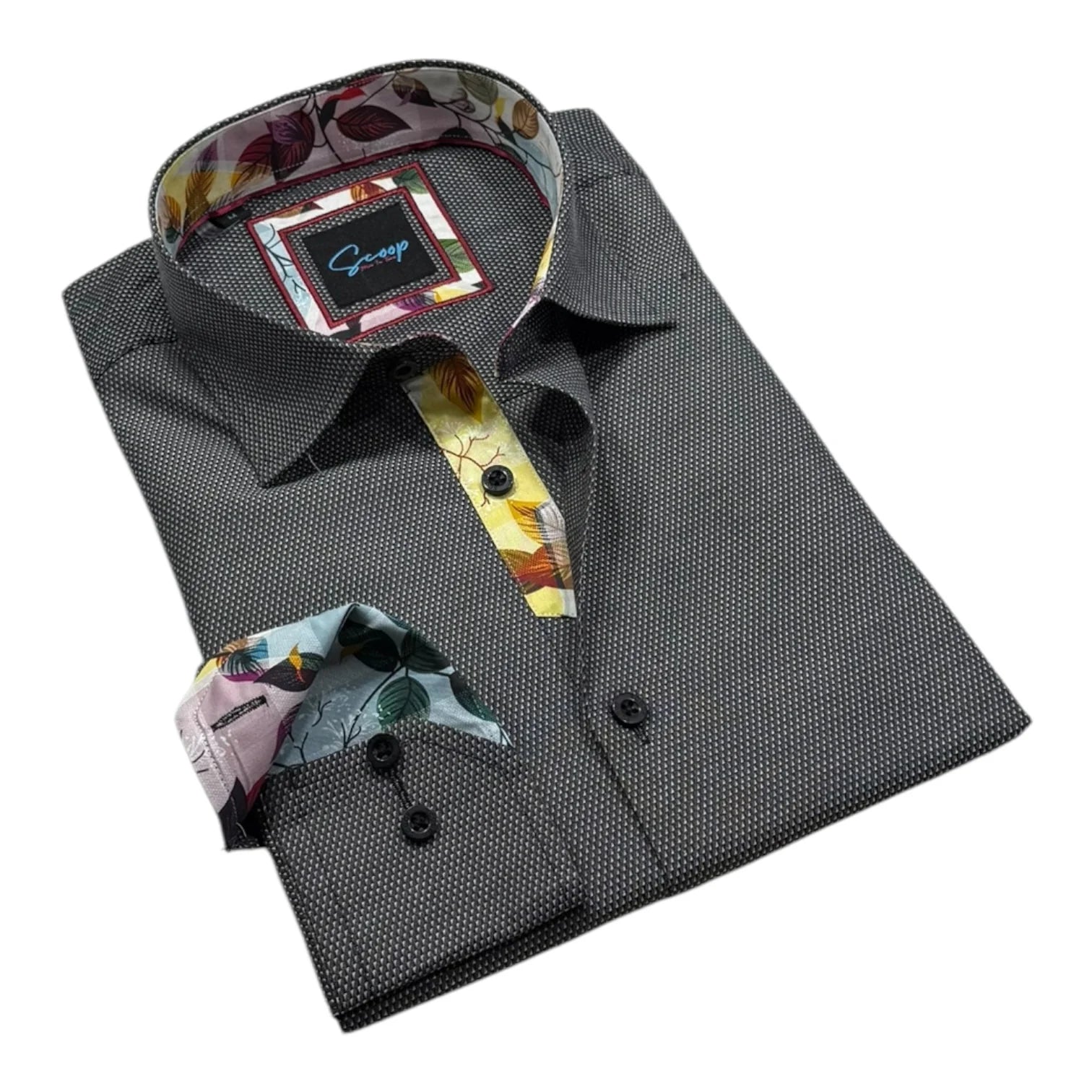 Gray dress shirt with floral accents on collar, cuffs, and inside of sleeve on a white background