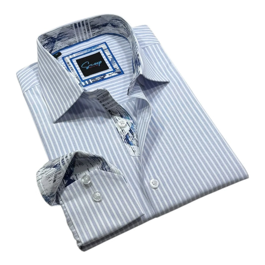 Blue and white striped dress shirt with cufflinks on a white background
