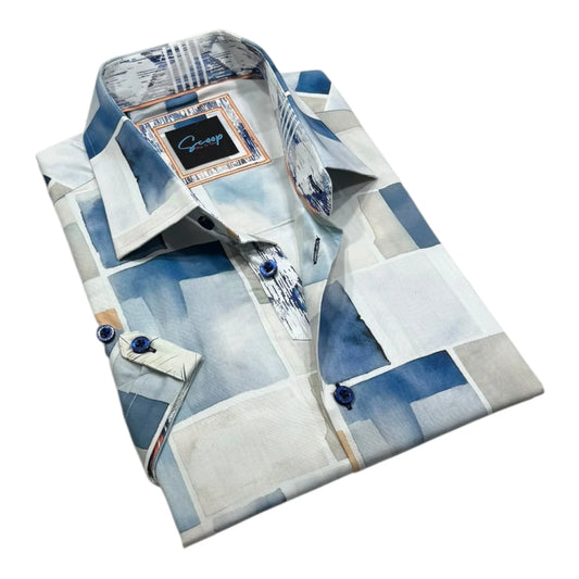 Folded blue and white checkered shirt with a brand label on a white background