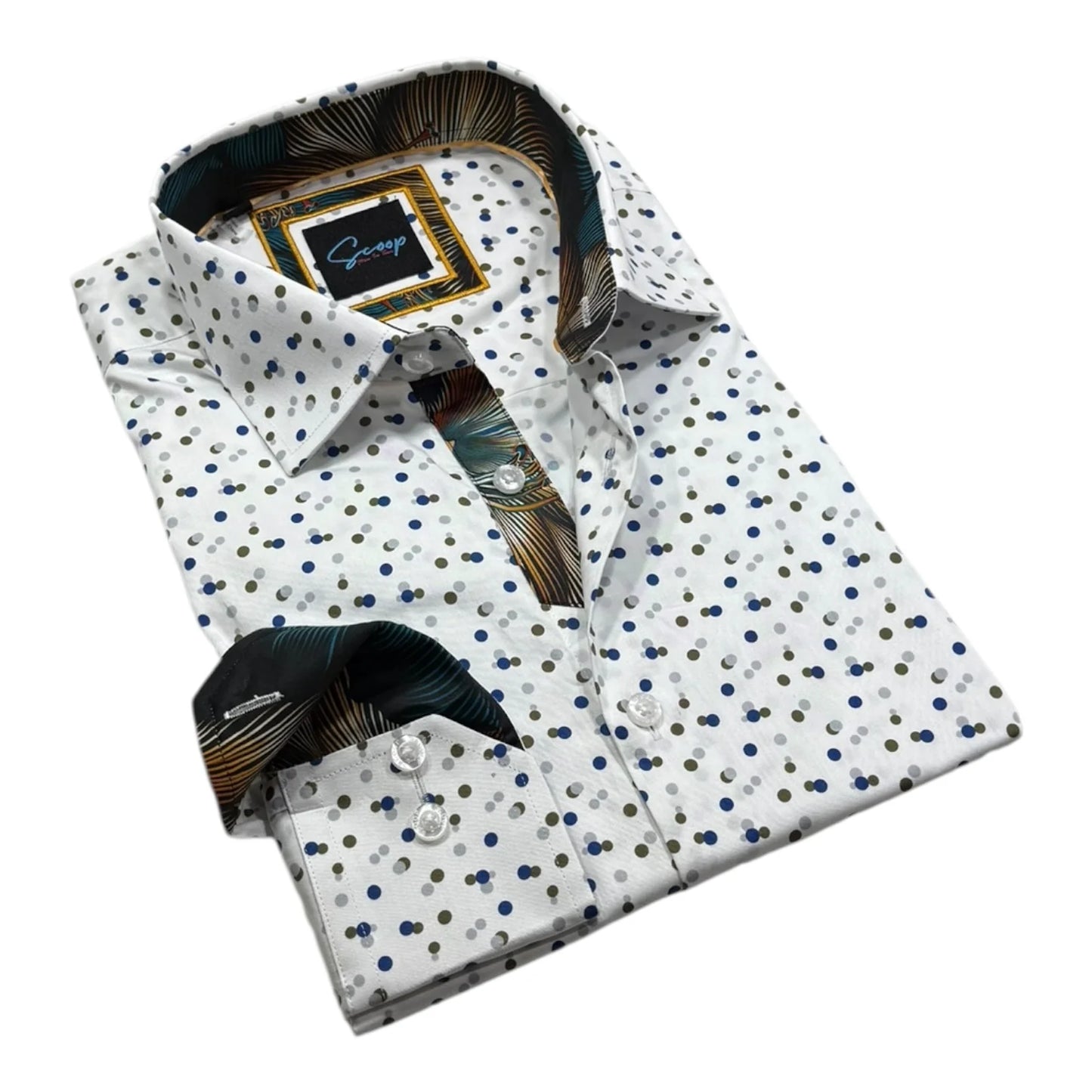 Folded white dress shirt with blue and gray dot pattern and a tie, branded 'Sangria'.