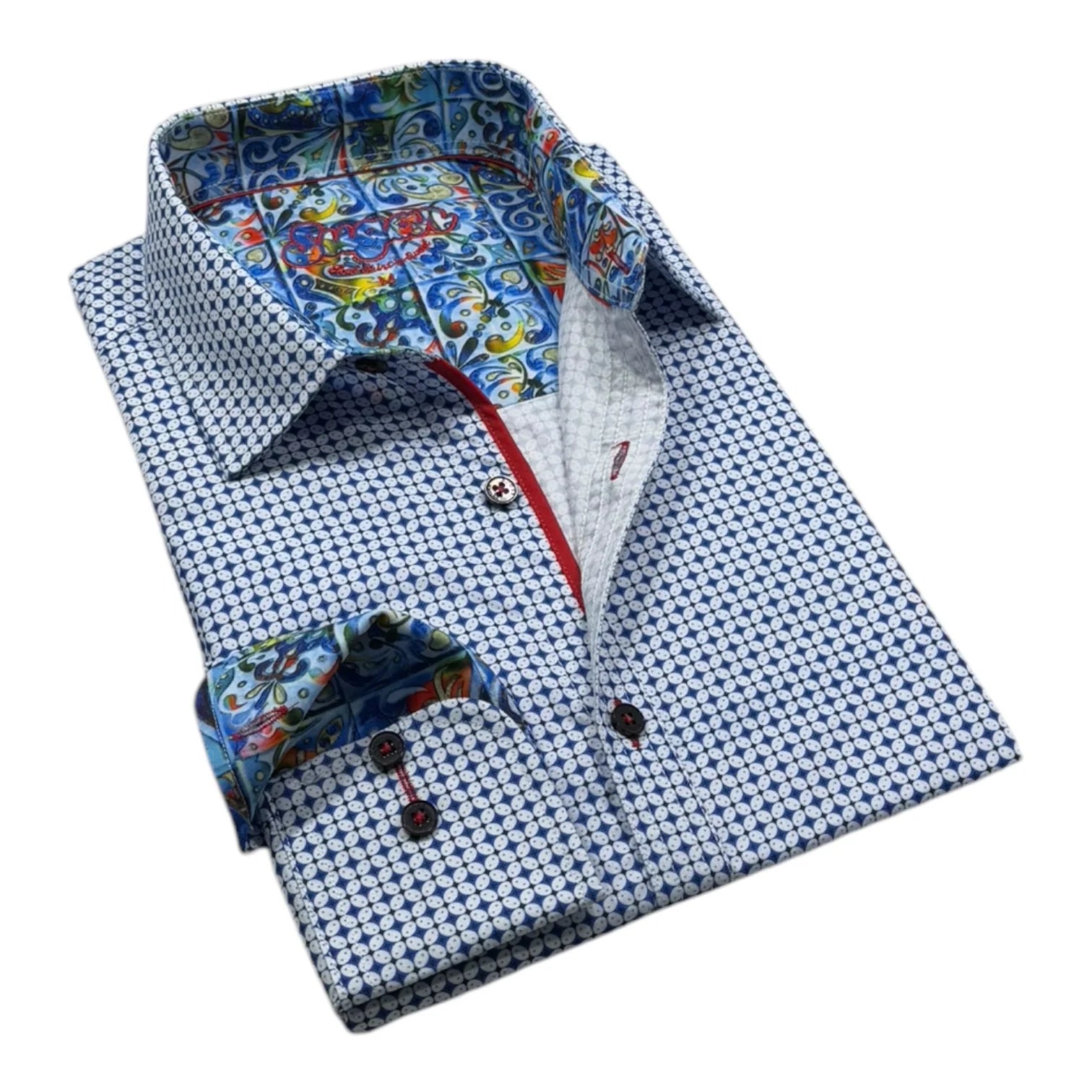 Folded shirt with blue and white checkered pattern and colorful inner lining on a white background