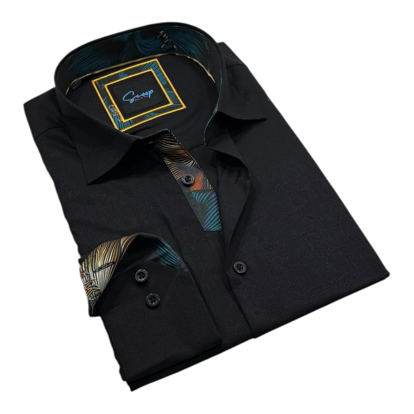 Folded black dress shirt with a colorful lining on a white background