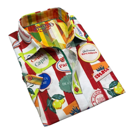Colorful shirt with brand logos and graphics on a white background