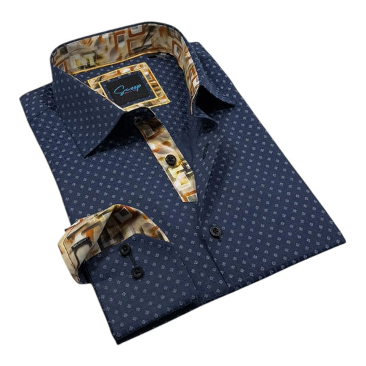 Folded navy blue dress shirt with patterned trim on a white background