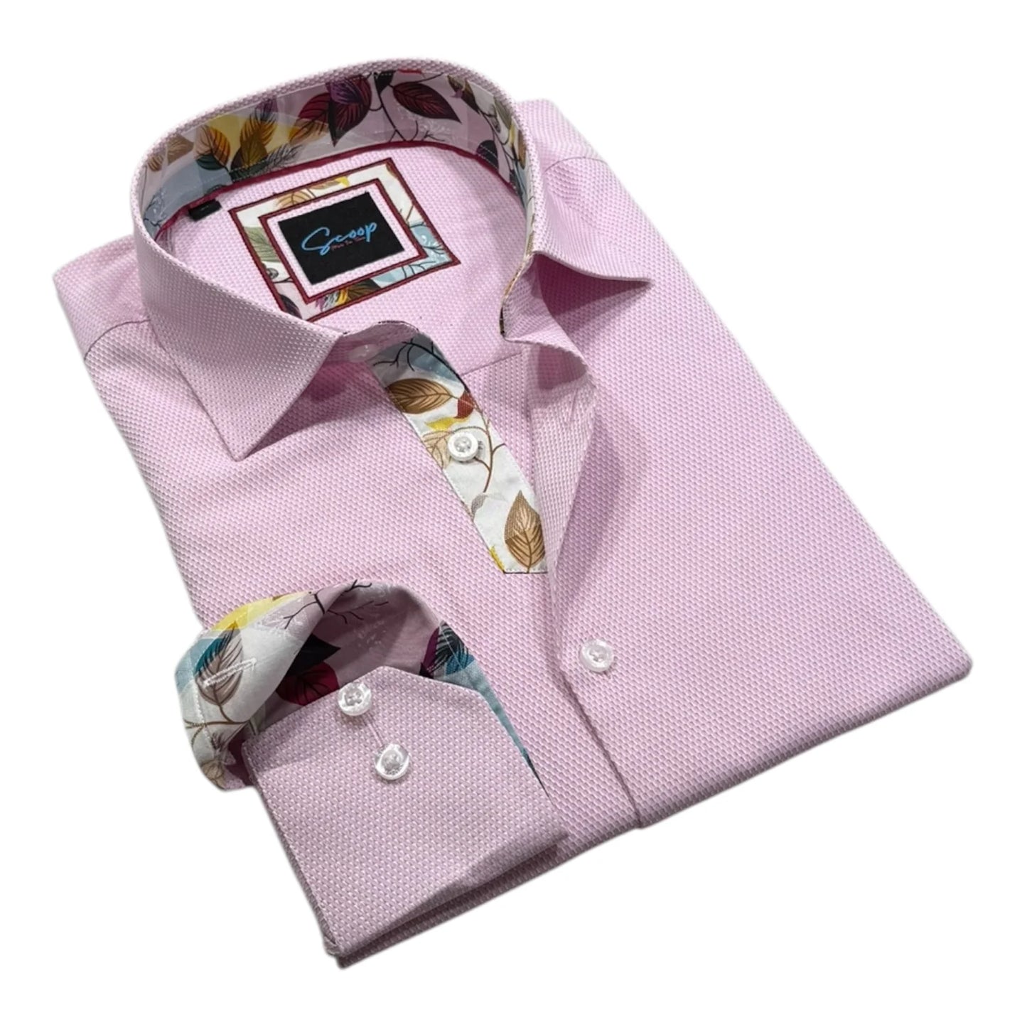 Pink dress shirt with floral collar and cuffs on a white background