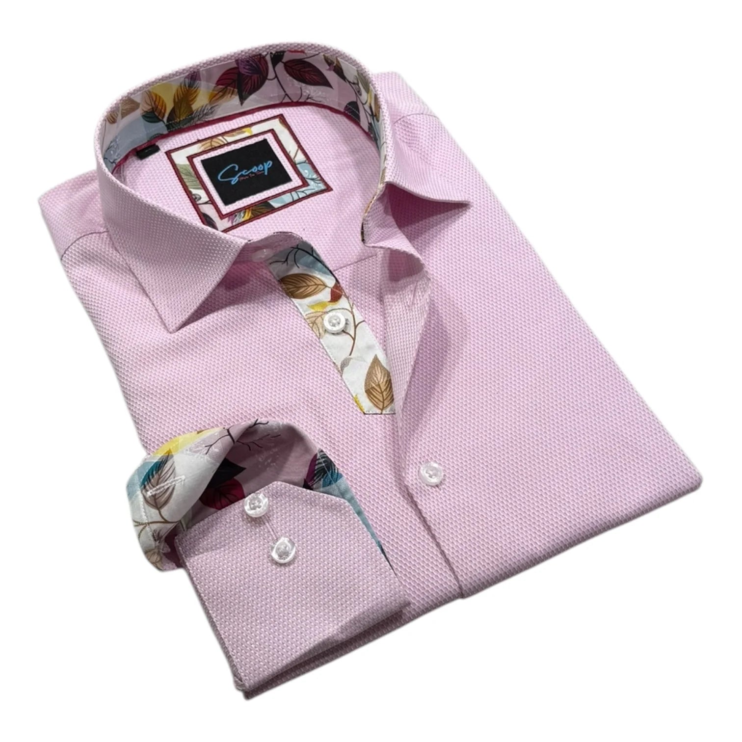 Pink dress shirt with floral collar and cuffs on a white background