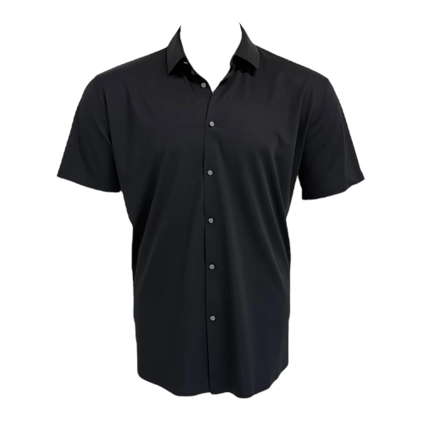 Black short-sleeve button-up shirt on a white background