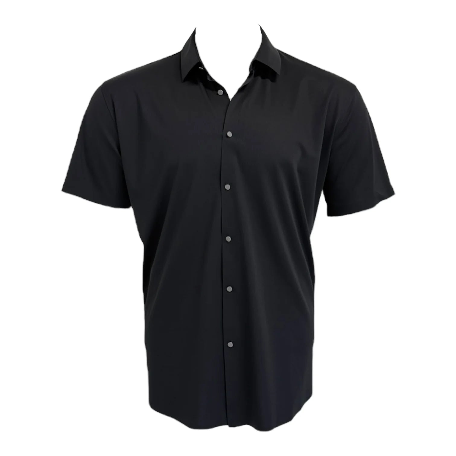 Black short-sleeve button-up shirt on a white background