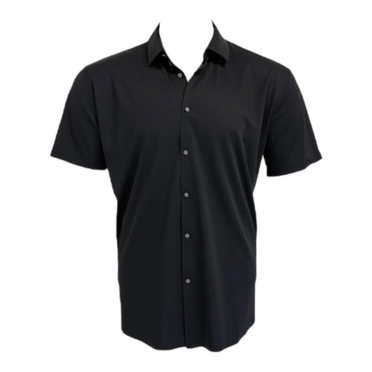 Black short-sleeve button-up shirt on a white background