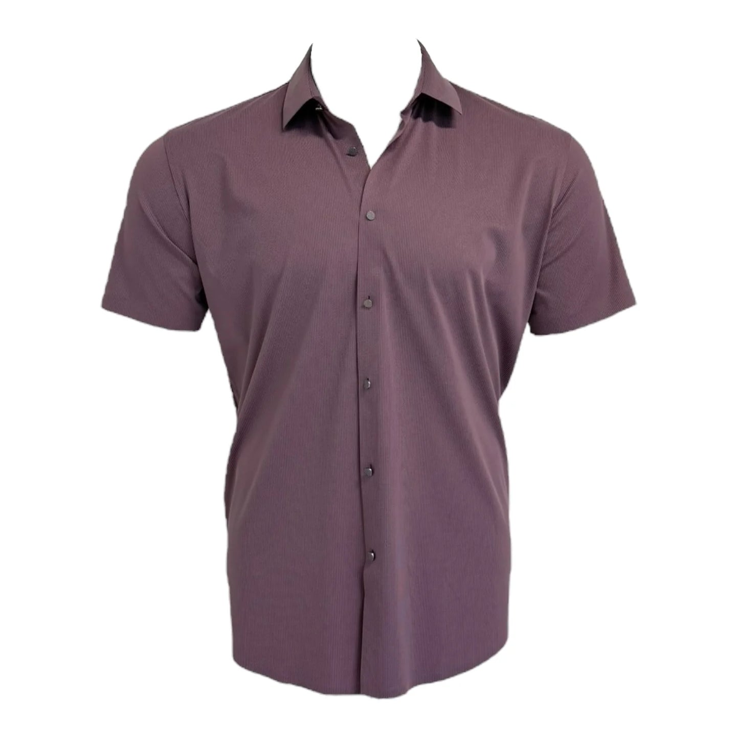 Purple short-sleeve button-up shirt on a white background