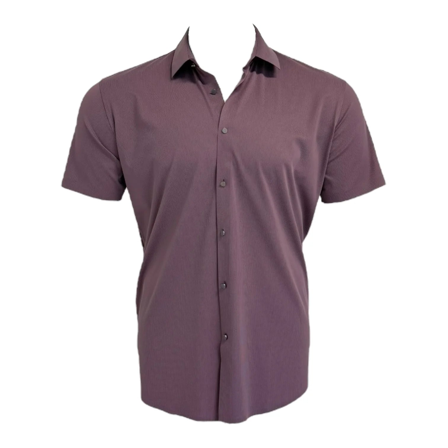 Purple short-sleeve button-up shirt on a white background