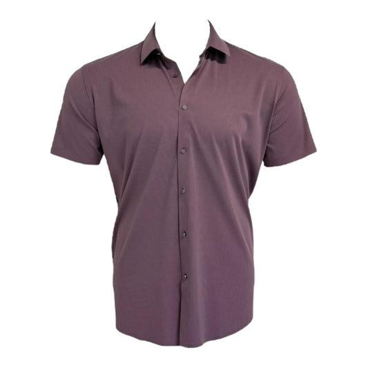 Purple short-sleeve button-up shirt on a white background