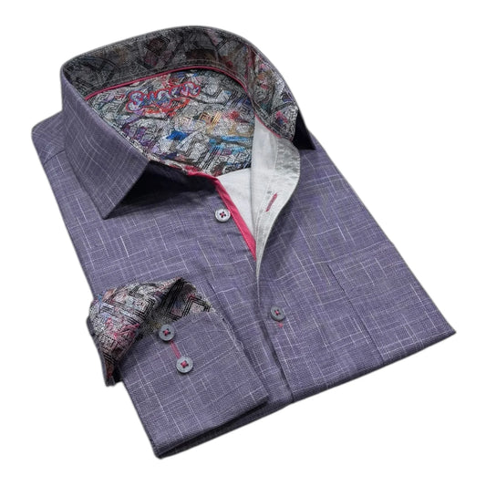 Purple checkered shirt with patterned inner lining and pocket square on a white background