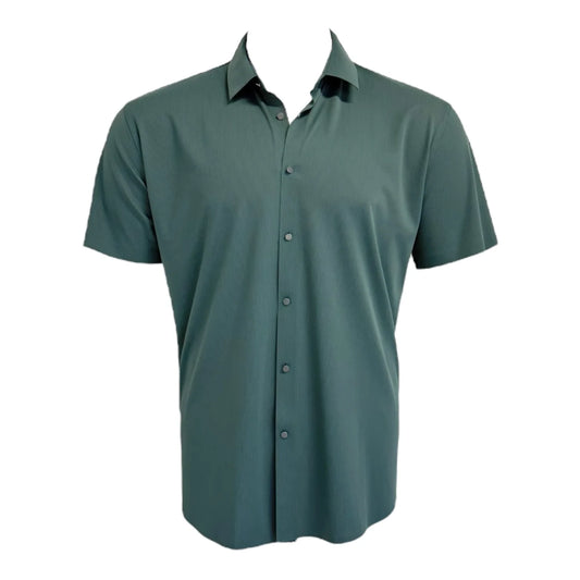 Green short-sleeve button-up shirt on a white background