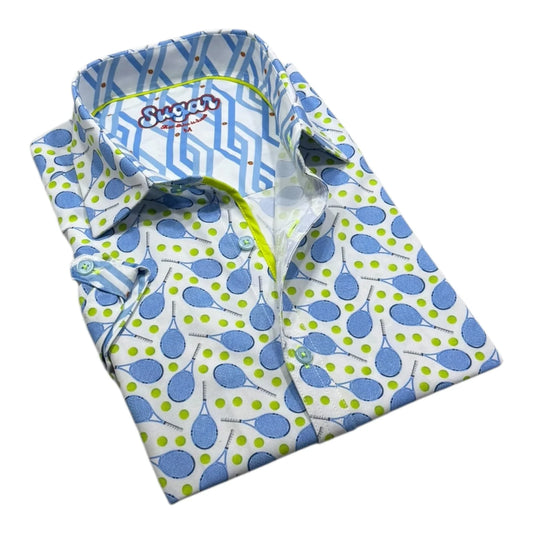 Folded baby blanket with blue and green patterns on a white background