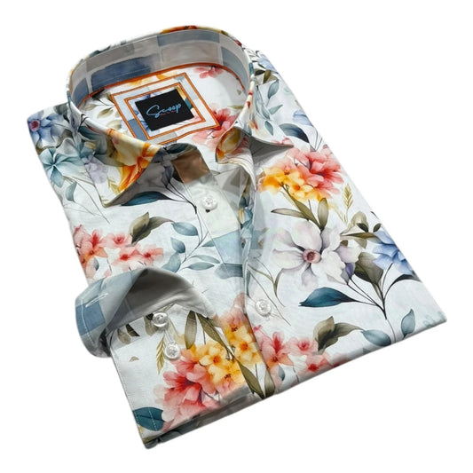 Floral patterned shirt with a brand label on a white background