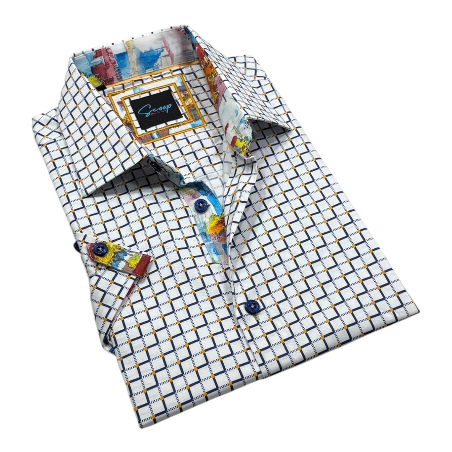 Folded shirt with colorful parrot design on a white background