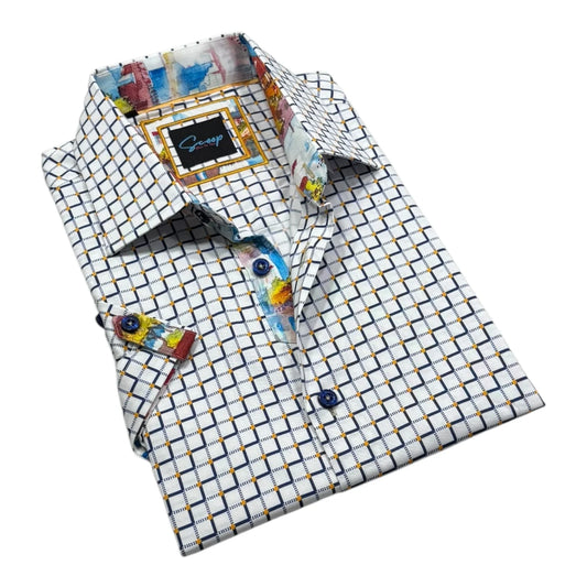 Folded shirt with colorful parrot design on a white background