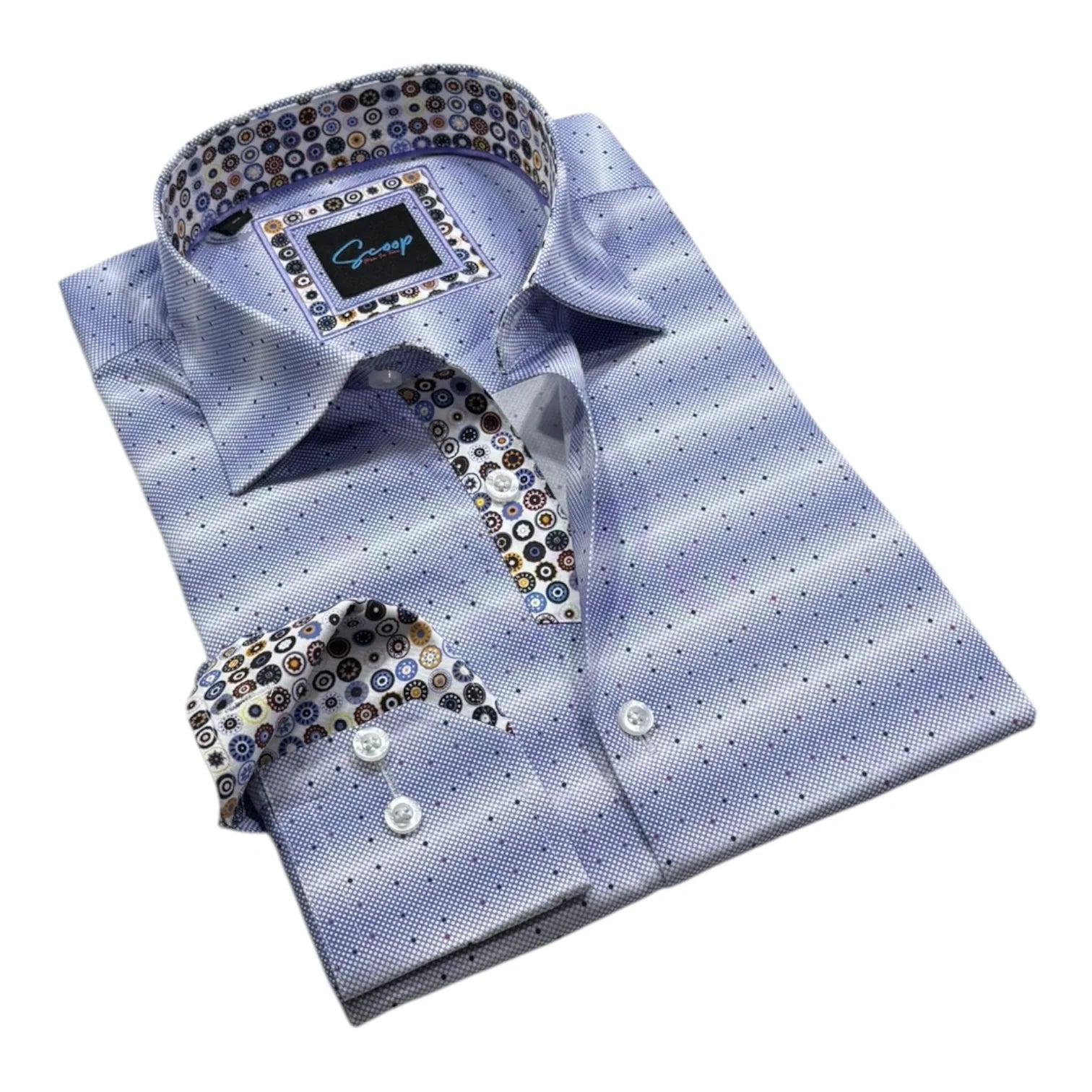 Blue patterned dress shirt with decorative cuffs on a white background