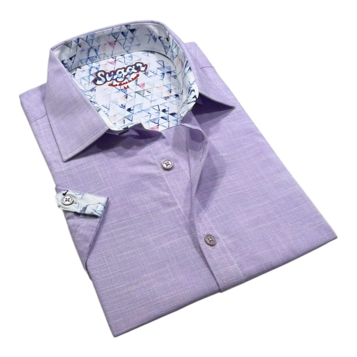 Folded purple shirt with patterned collar on a white background