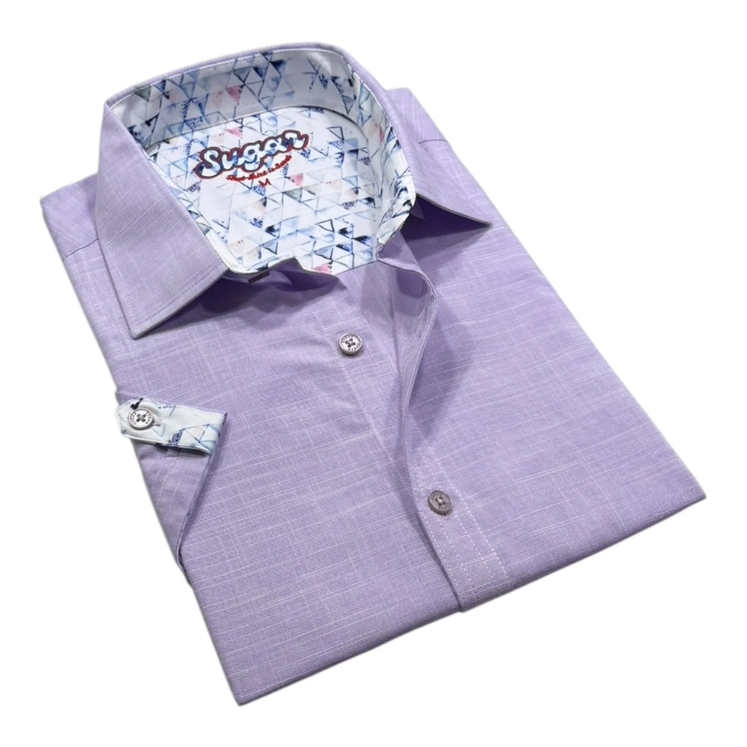 Folded purple shirt with patterned collar on a white background