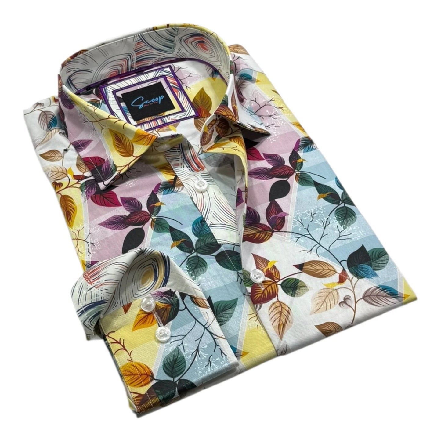 Folded floral patterned shirt with a brand label on a white background
