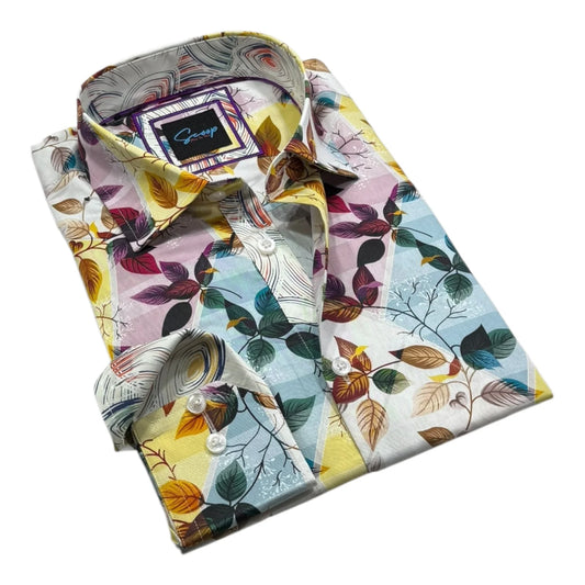 Folded floral patterned shirt with a brand label on a white background