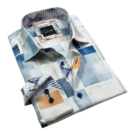 Folded patterned shirt with a brand label on a white background