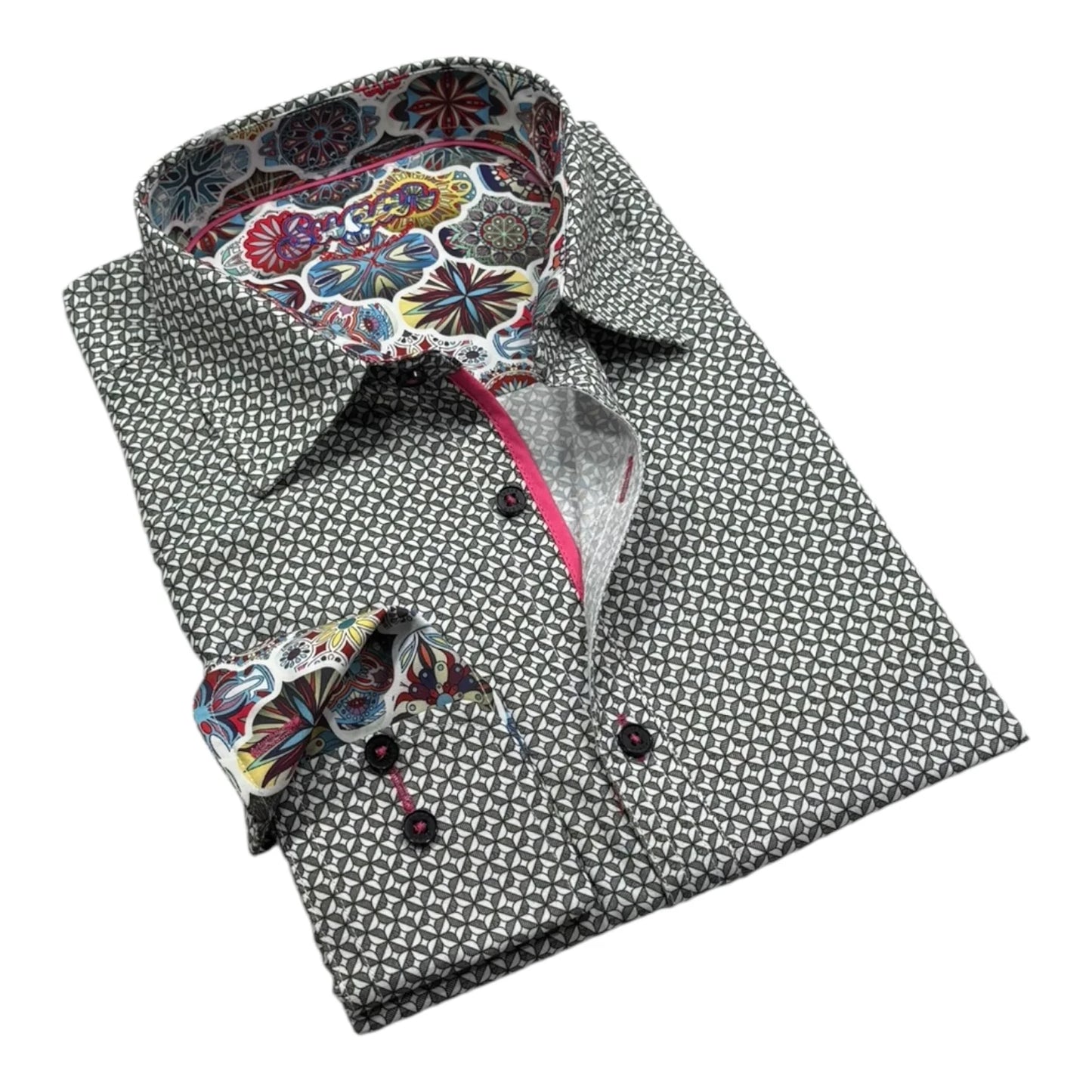 Folded shirt with patterned collar and cuff on a white background