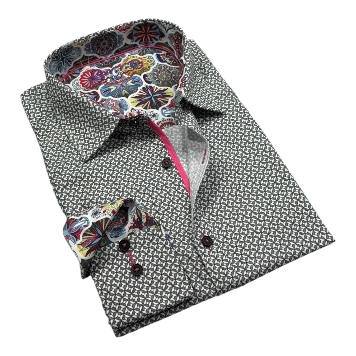 Folded shirt with patterned collar and cuff on a white background