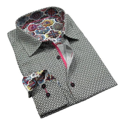 Folded shirt with patterned collar and cuff on a white background