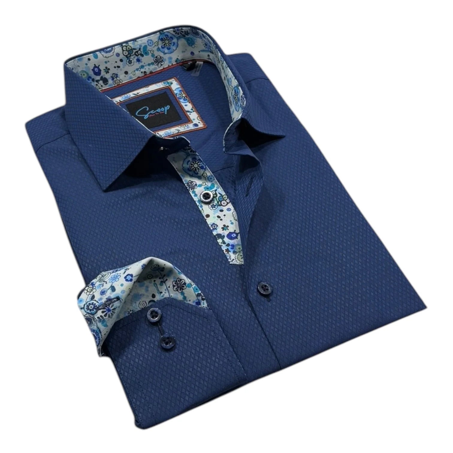 Blue dress shirt with floral trim on a white background