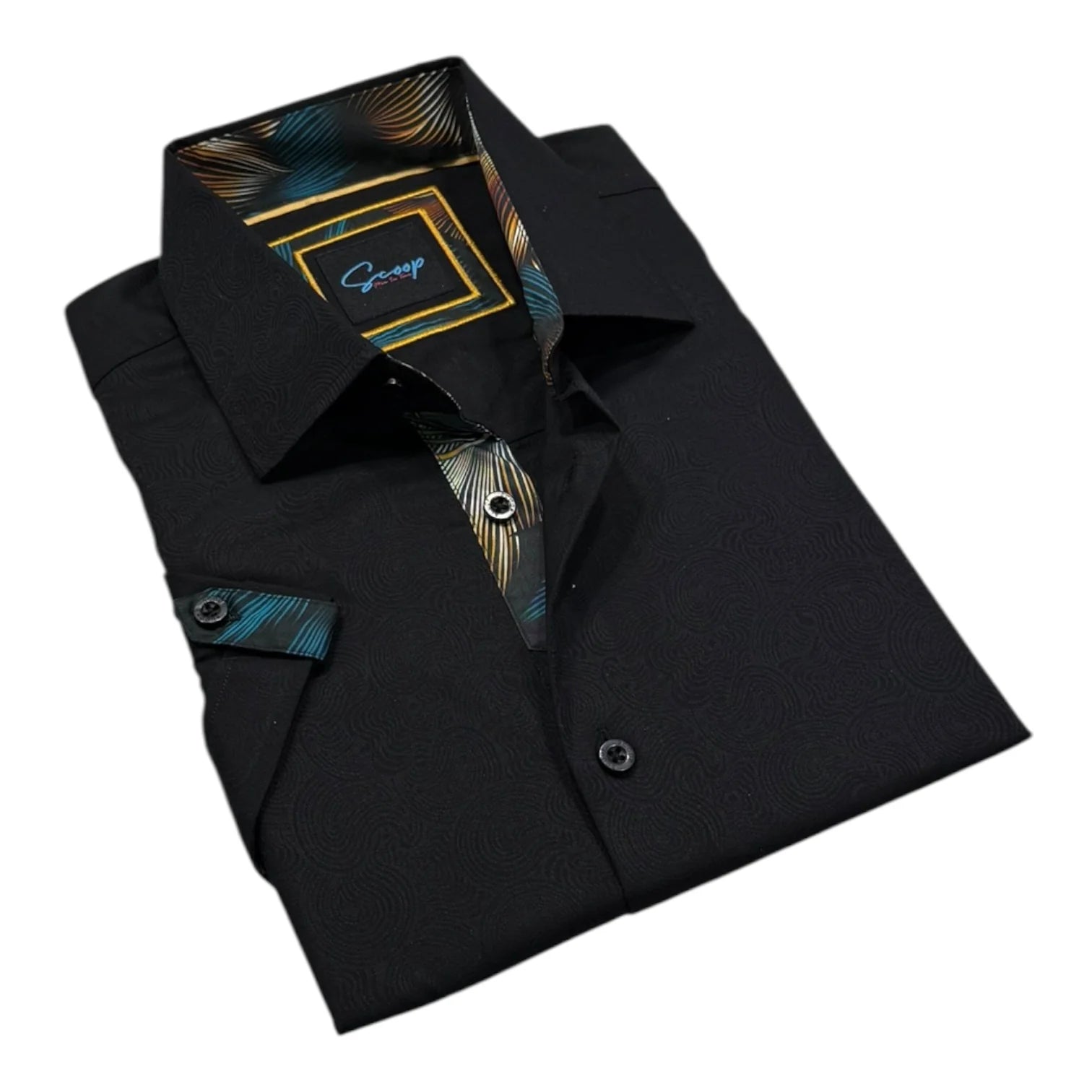Black dress shirt with a patterned tie on a white background