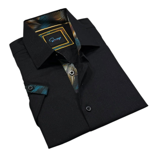 Black dress shirt with a patterned tie on a white background