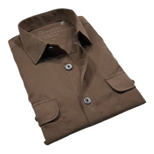 Folded brown shirt with a brand logo on a white background