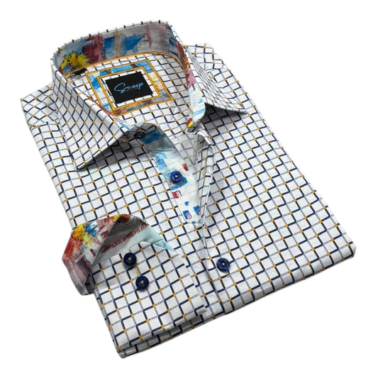 Folded dress shirt with colorful pattern on a white background