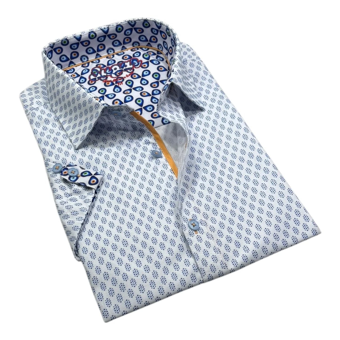 Folded patterned shirt with a white background