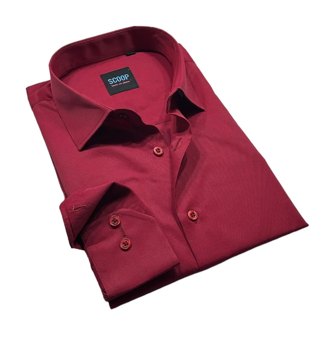 Folded red shirt with 'SCOOP' label on a white background