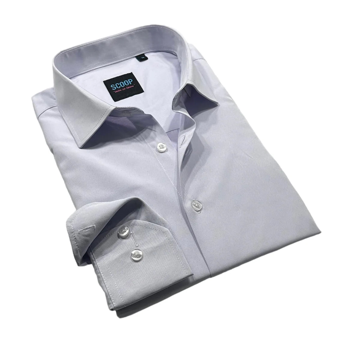 Folded light gray dress shirt with a visible brand label on a white background