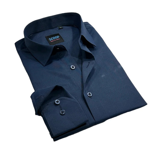 Folded navy blue shirt with 'SCOOP' label on a white background