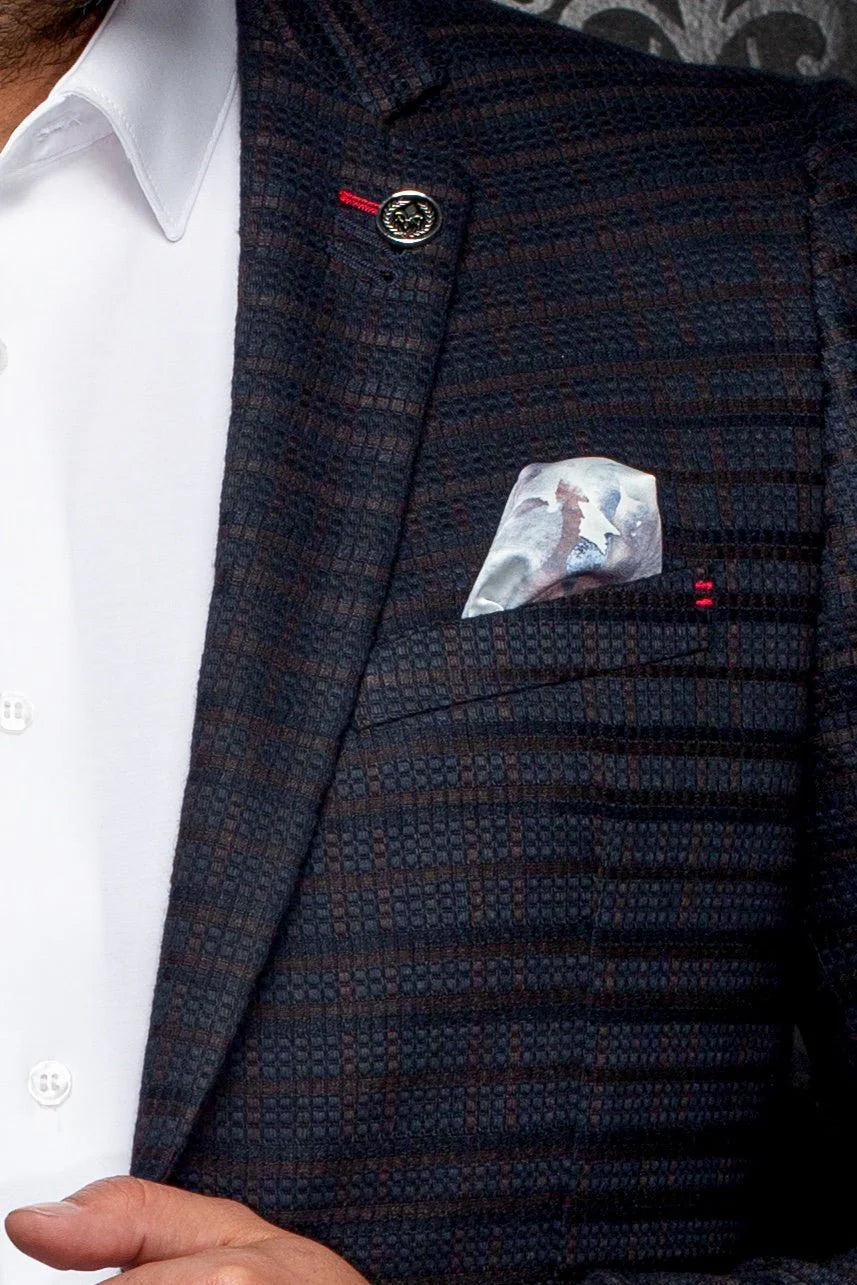 Navy checkered blazer with a pocket square featuring a map design.