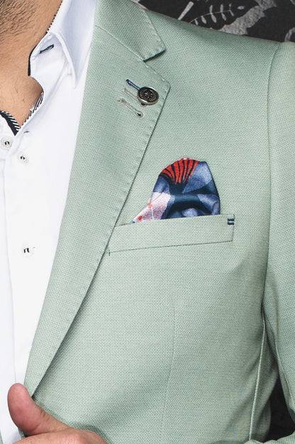 Light green suit jacket with a patterned pocket square