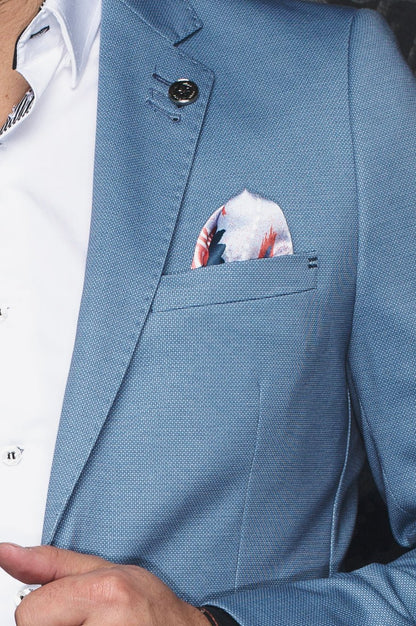 Blue suit jacket with a patterned pocket square