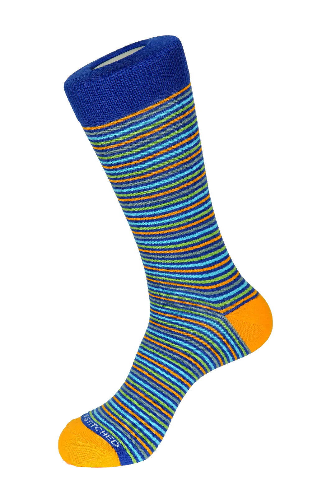 Unsimply Stitched socks with blue, orange, and green stripes, making it a great pairing with DFR89 blue denim jeans and a fun Sugar sport shirt.
