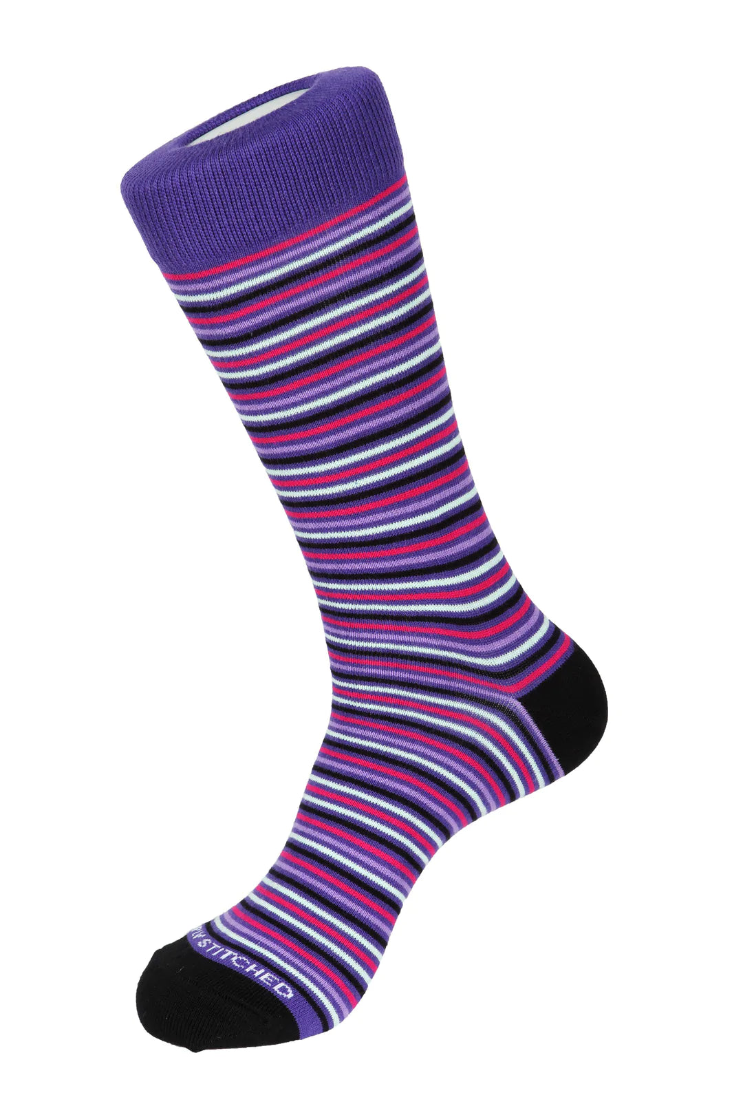 Unsimply Stitched purple socks with multi colored stripes, making it a great pairing with DFR89 blue denim jeans and a fun Sugar sport shirt.