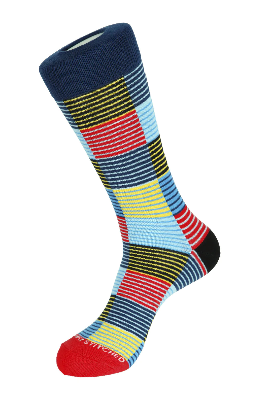 Unsimply Stitched socks with blue, yellow, and red stripes, making it a great pairing with DFR89 blue denim jeans and a fun Sugar sport shirt.