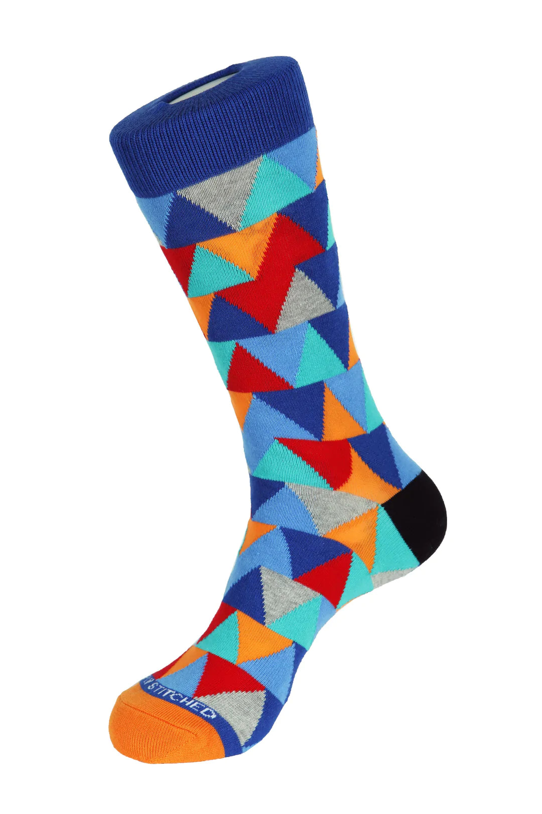 Unsimply Stitched socks with blue, orange, and grey triangle shapes, making it a great pairing with DFR89 blue denim jeans and a fun Sugar sport shirt.