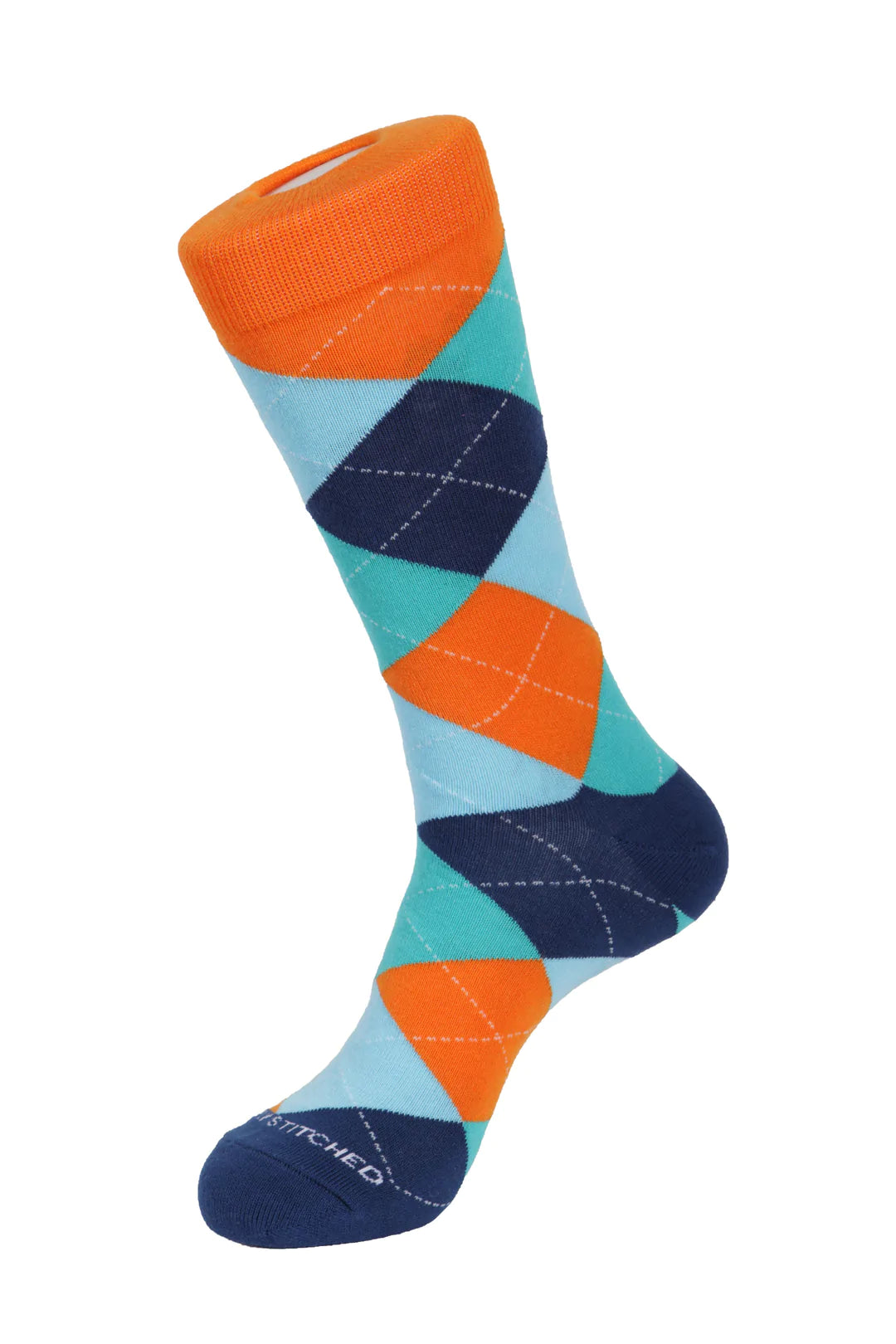 Unsimply Stitched socks with orange and aqua geometric shapes, making it a great pairing with DFR89 blue denim jeans and a fun Sugar sport shirt.